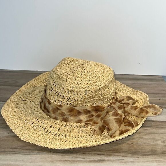JHats Straw Foldable SunHat With Animal Print Tie - Picture 1 of 6